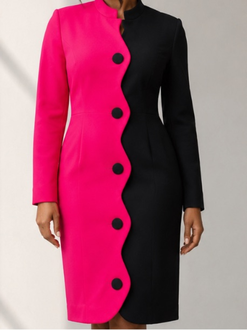 Vintage Caron Chicago Colorblock Dress Pink Black Scalloped Sheath Mod Large